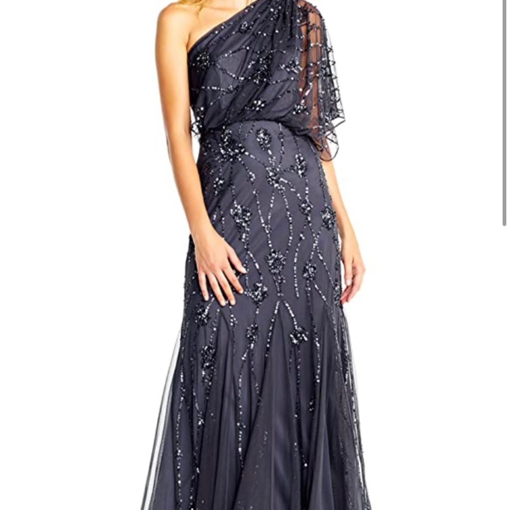 Adrianna Papell Woman’s One Shoulder Beaded Blue Gown Size 12